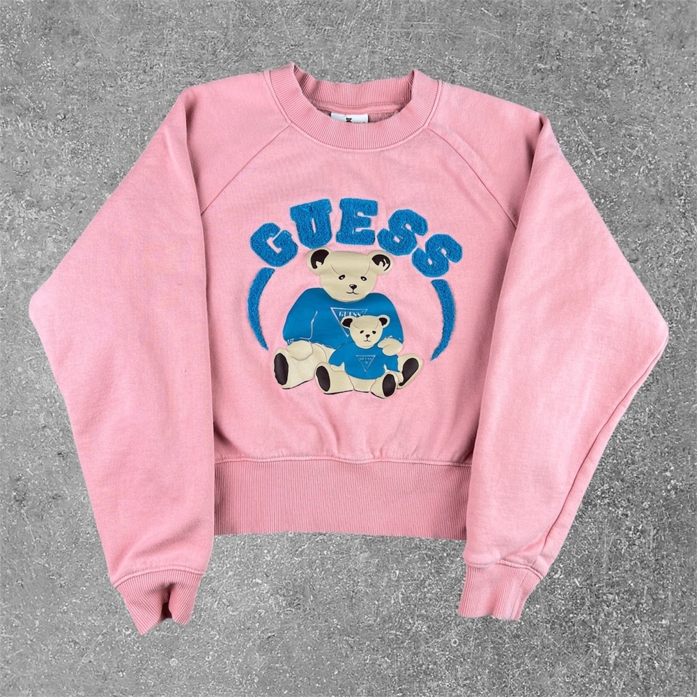 Guess Originals Bear Sweatshirt Women XS Pink Cropped Fit Pullover Retro Kidcore